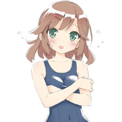 Rule 34 | 10s, 1girl, :d, asymmetrical bangs, blue one-piece swimsuit, blush, breasts, brown hair, covered navel, covering privates, covering breasts, crossed arms, flipped hair, flying sweatdrops, green eyes, hair ornament, hairclip, head tilt, kani biimu, looking at viewer, one-piece swimsuit, open mouth, school swimsuit, short hair, simple background, sketch, small breasts, smile, solo, standing, suzuki yua, sweatdrop, swimsuit, tesagure! bukatsu-mono, upper body, white background, wide hips