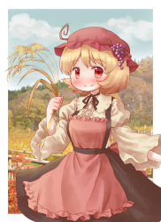 Rule 34 | 1girl, aki minoriko, apron, arinu, black ribbon, blonde hair, blush, cloud, commentary request, day, fence, food-themed hair ornament, grape hair ornament, hair ornament, hat, highres, long sleeves, looking at viewer, mob cap, neck ribbon, outdoors, red eyes, ribbon, short hair, sky, smile, solo, touhou, tree, wheat, wooden fence