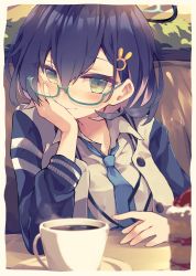 Rule 34 | 1girl, absurdres, aqua eyes, blue archive, blue hair, cake, chihiro (blue archive), coffee cup, cup, damao (kiwa777), disposable cup, food, glasses, halo, head rest, highres, jacket, necktie, short hair, smile
