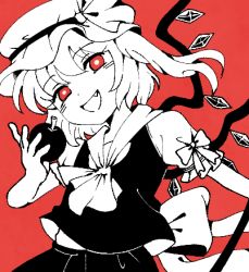 Rule 34 | 1girl, apple, crystal, fang, flandre scarlet, food, fruit, hat, hat ribbon, holding, holding food, holding fruit, looking at viewer, lowres, mob cap, monochrome, open mouth, rbfnrbf (mandarin), red background, red eyes, red theme, ribbon, shirt, short hair, short sleeves, side ponytail, simple background, skirt, smile, solo, touhou, upper body, wings