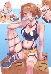 Rule 34 | 1girl, absurdres, bdsm, blue footwear, breasts, cable tie, commission, girls&#039; frontline, grizzly mkv (girls&#039; frontline), grizzly mkv (weekend cop) (girls&#039; frontline), hair ornament, hair scrunchie, highres, lar grizzly win mag, leveen, medium breasts, multiple views, navel, official alternate costume, purple eyes, scissors, scrunchie, second-party source, short hair, short ponytail, short shorts, shorts, sitting, skindentation, tank top, thigh strap, yellow shorts