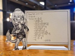 Rule 34 | 1girl, bespectacled, crosshatching, english text, fins, fish tail, gawr gura, glasses, hatching (texture), high heels, highres, holding, holding marker, hololive, hololive english, jacket, jqhnharqld, marker, math, monochrome, open mouth, pantyhose, paper child, papercraft (medium), pencil skirt, photo (medium), ponytail, shark girl, shark tail, sharp teeth, skirt, solo, suit jacket, tail, teeth, unconventional media, virtual youtuber, whiteboard