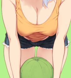 Rule 34 | 1girl, bent over, breasts, cleavage, close-up, commentary, cutoffs, denim, denim shorts, feguimel, food, fruit, green background, head out of frame, karina (feguimel), medium breasts, melon, original, short shorts, shorts, simple background, solo, symbol-only commentary, tank top