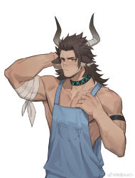 Rule 34 | 1boy, amo (amo9612), animal ears, arknights, arm behind head, armband, bandaid, bandaid on face, bandaid on nose, black choker, brown eyes, brown hair, choker, cow ears, cow horns, earrings, hand up, highres, horns, jewelry, long hair, male focus, matterhorn (arknights), muscular, overalls, scar, simple background, solo, watermark, white background
