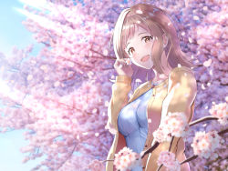 Rule 34 | 1girl, blue shirt, blue sky, blush, breasts, brown eyes, cardigan, day, flower, holding, holding flower, idolmaster, idolmaster shiny colors, irohakaede, light brown hair, long hair, long sleeves, looking at viewer, medium breasts, open mouth, outdoors, partially unbuttoned, petals, sakuragi mano, shirt, sky, smile, solo, sunlight, tree, upper body, wind, yellow cardigan