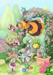 Rule 34 | absurdres, bench, budew, bush, commentary request, creatures (company), day, flower, game freak, gardevoir, gen 3 pokemon, gen 4 pokemon, gen 5 pokemon, gen 6 pokemon, gen 7 pokemon, grass, highres, kirlia, leavanny, nintendo, no humans, outdoors, pink flower, pokemon, pokemon (creature), q-chan, roselia (pokemon), sitting, spritzee, steenee, vespiquen