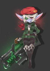 Rule 34 | 1girl, absurdres, artificial eye, blue skin, blush, boots, breasts, coat, colored skin, eyepatch, full body, gloves, hat, highres, league of legends, mechanical eye, pants, pointy ears, red eyes, scar, soldier, thigh boots, thighhighs, trench coat, tristana, uniform, weapon, white hair, yordle