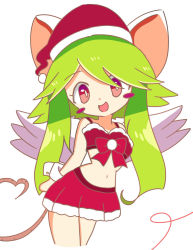 Rule 34 | 1girl, animal ears, blush stickers, breasts, christmas, green hair, hat, highres, mad rat dead, mouse (animal), mouse ears, mouse girl, mouse tail, nippon ichi, rat god, red eyes, santa hat, tail, wings, wrist cuffs