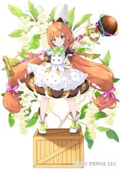 Rule 34 | 1girl, ahoge, apron, bow, brown dress, brown hair, bubble skirt, chef hat, closed mouth, dot nose, dress, flower, flower knight girl, green bow, green eyes, hat, highres, holding, holding staff, legs apart, long hair, looking at viewer, low-tied long hair, macadamia (flower knight girl), name connection, object namesake, official art, outstretched hand, sakuma shiki, shoes, simple background, skirt, smile, solo, staff, standing on box, twintails, white apron, white background, white footwear