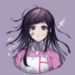 Rule 34 | 1girl, apron, bandaged arm, bandages, bandaid, bandaid on face, black hair, blunt bangs, breasts, closed mouth, collared shirt, commentary request, danganronpa (series), danganronpa 2: goodbye despair, frown, large breasts, long hair, looking at viewer, messy hair, mole, mole under eye, nurse, pill bottle, pink shirt, puffy sleeves, purple hair, shirt, short sleeves, simple background, smile, solo, suzumetarou, syringe, tearing up, tears, tsumiki mikan, upper body, white apron