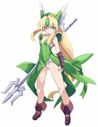 Rule 34 | 1girl, armor, blonde hair, blue eyes, boots, bow, breasts, bridal gauntlets, covered navel, dress, full body, green bow, green dress, hair bow, highres, holding, holding polearm, holding spear, holding weapon, karukan (monjya), legs apart, long hair, looking at viewer, low-tied long hair, open mouth, panties, pauldrons, polearm, purple footwear, riesz, seiken densetsu, seiken densetsu 3, shoulder armor, simple background, small breasts, solo, spear, standing, underwear, v-shaped eyebrows, very long hair, weapon, white background, white panties