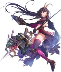 Rule 34 | 1girl, artist request, ass, black hair, breasts, dutch angle, full body, grey eyes, hair ornament, holding, holding polearm, holding spear, holding weapon, iyo matsuyama (oshiro project), large breasts, long hair, official art, oshiro project:re, oshiro project:re, parted bangs, polearm, solo, spear, transparent background, very long hair, weapon