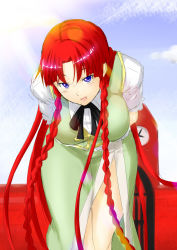 Rule 34 | 1girl, bent over, blue eyes, braid, breasts, clock, female focus, from below, gate, highres, hong meiling, large breasts, leaning forward, legs, lens flare, long hair, looking at viewer, niwatazumi, no headwear, no headwear, red hair, scarlet devil mansion, side slit, smile, solo, thighs, touhou, twin braids, very long hair