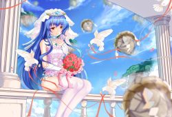 Rule 34 | 1girl, binan xian lu, bird, blue hair, blush, bouquet, bridal veil, closed mouth, dove, dress, elbow gloves, flower, gloves, hinanawi tenshi, holding, holding bouquet, long hair, looking at viewer, red eyes, red flower, red rose, rose, sitting, smile, solo, thighhighs, touhou, veil, wedding dress, white gloves, white thighhighs