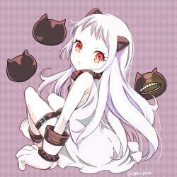 Rule 34 | 10s, 1girl, abyssal ship, amripo, argyle, argyle background, argyle clothes, barefoot, colored skin, dress, from behind, horns, kantai collection, looking at viewer, mittens, northern ocean princess, red eyes, sitting, sleeveless, sleeveless dress, solo, thigh strap, twitter username, white dress, white hair, white skin