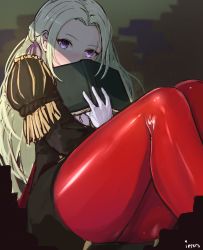 Rule 34 | 1girl, artist name, blonde hair, book, edelgard von hresvelg, fire emblem, fire emblem: three houses, gloves, highres, holding, holding book, ippers, legs together, long hair, nintendo, open book, pantyhose, purple eyes, red pantyhose, sitting, solo, white gloves