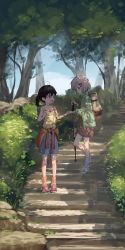 Rule 34 | 10s, 2girls, absurdres, ahoge, backpack, bad id, bad pixiv id, bag, black hair, bush, cane, clothes around waist, cloud, collarbone, dappled sunlight, day, forest, green eyes, hair ornament, hairclip, highres, hiking, hiking pole, holding hands, jacket, kuraue hinata, looking down, multiple girls, nature, open mouth, path, ren (gh), road, scenery, shirt, shirt around waist, shoes, short hair, short twintails, shorts, silver hair, skirt, sky, sneakers, stairs, striped clothes, striped shirt, striped tank top, sunlight, tank top, tree, twintails, yama no susume, yukimura aoi
