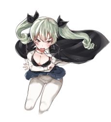 Rule 34 | 10s, 1girl, anchovy (girls und panzer), anchovy (girls und panzer), black bra, black ribbon, blue skirt, blush, bra, breasts, brown eyes, cape, cleavage, collared shirt, crotch seam, drill hair, girls und panzer, green hair, hair between eyes, hair ribbon, highres, large breasts, mitsudoue, open mouth, pantyhose, pleated skirt, ribbon, shirt, simple background, skirt, solo, sweatdrop, tears, thighs, twintails, unbuttoned, unbuttoned shirt, underwear, white background, white pantyhose, wind, wind lift