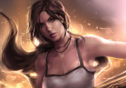 Rule 34 | 1girl, brown eyes, brown hair, camisole, lara croft, long hair, looking at viewer, portrait, realistic, solo, the art mage, tomb raider, tomb raider (reboot)
