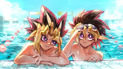 Rule 34 | 2boys, armpit peek, blonde hair, bright pupils, eyelashes, goggles, goggles on head, hair between eyes, highres, looking up, male focus, multicolored hair, multiple boys, muto yugi, namikaze (dobbyka), parted lips, partially submerged, pectorals, pool, purple eyes, red hair, signature, topless male, water, wet, wet hair, white pupils, yami yugi, yu-gi-oh!, yu-gi-oh! duel monsters