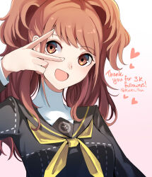 Rule 34 | 1girl, :d, ascot, black shirt, blue sailor collar, blush, breasts, brown eyes, brown hair, commentary, english commentary, english text, gradient background, half updo, hand up, happy, heart, highres, kujikawa rise, kuki tan, long hair, long sleeves, looking at viewer, open mouth, persona, persona 4, pink background, sailor collar, school uniform, serafuku, shirt, sidelocks, simple background, small breasts, smile, solo, swept bangs, twintails, upper body, v, v over eye, wavy hair, white background, white shirt, yellow ascot
