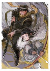 Rule 34 | 1boy, 1girl, absurdres, ainu clothes, arrow (projectile), asirpa, black footwear, black hair, black headwear, blue eyes, boots, border, bow (weapon), brown eyes, cape, facial scar, fur cape, golden kamuy, gun, hat, headband, highres, holding, holding bow (weapon), holding gun, holding weapon, kepi, long hair, long sleeves, military, military hat, military uniform, nira (nira box), scar, scar on cheek, scar on face, scar on nose, scarf, short hair, sideburns, sugimoto saichi, uniform, weapon, yellow scarf