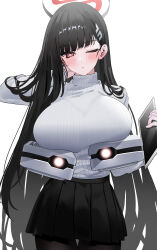 Rule 34 | 1girl, absurdres, black hair, black skirt, blue archive, breasts, hair ornament, hairpin, halo, highres, huge breasts, long hair, long sleeves, looking at viewer, one eye closed, pleated skirt, red eyes, ribbed sweater, rio (blue archive), simple background, skirt, solo, sweater, turtleneck, turtleneck sweater, white background, white sweater, yuki (asayuki101)