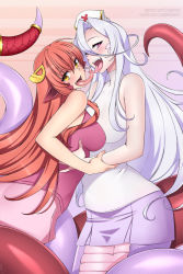 Rule 34 | 2girls, :d, albino, bare arms, blush, breasts, cleavage, commentary, covered collarbone, crossover, english commentary, fangs, forked tongue, french kiss, hair between eyes, hair ornament, hairclip, half-closed eyes, hat, kiss, lamia, large breasts, lindaroze, long hair, long tongue, looking at viewer, miia (monster musume), miniskirt, monster girl, monster musume no iru nichijou, monster musume no oisha-san, multiple girls, naughty face, nurse cap, open mouth, pink eyes, pink skirt, pointy ears, purple skirt, red hair, red shirt, saphentite neikes, scales, shirt, skirt, sleeveless, sleeveless shirt, smile, tail, tail ornament, tongue, tongue out, trait connection, turtleneck, very long hair, white hair, white shirt, yellow eyes, yuri