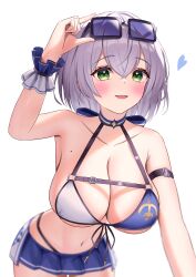 Rule 34 | 1girl, bare shoulders, breasts, cleavage, green eyes, grey hair, hololive, kumoru (kumoru 145), large breasts, looking at viewer, mole, mole on breast, open mouth, shirogane noel, short hair, simple background, smile, solo, swimsuit
