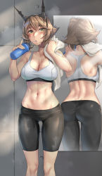 Rule 34 | 1girl, ass, bike shorts, black shorts, bottle, bra, breasts, brown hair, butt crack, cleavage, collarbone, commission, drinking straw, feet out of frame, green eyes, hair between eyes, headgear, highres, holding, holding bottle, kantai collection, kokuzou, large breasts, mirror, mutsu (kancolle), navel, short hair, shorts, skeb commission, solo, sports bra, sportswear, towel, underwear, white bra
