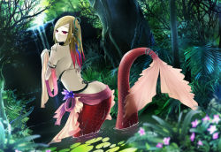Rule 34 | 1girl, bad id, bad pixiv id, blonde hair, dutch angle, flower, forest, hair ornament, lily pad, long hair, looking back, mermaid, monster girl, multicolored hair, nature, original, otogi (s in w), partially submerged, red eyes, red hair, shawl, snake hair ornament, solo, tree, two-tone hair, water, wetland
