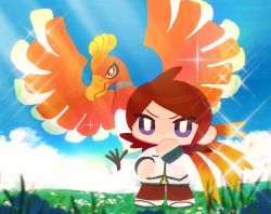 Rule 34 | 1girl, bird, blue sky, blurry, blurry foreground, brown shirt, chibi, cloud, commentary request, creatures (company), day, depth of field, flower, game freak, gen 2 pokemon, grass, hand up, ho-oh, jacket, kiduta cielo, legendary pokemon, looking at viewer, nintendo, outdoors, pants, parted bangs, pokemon, pokemon masters ex, purple eyes, red eyes, red hair, red pants, shirt, silver (pokemon), sky, sparkle, standing, v-shaped eyebrows, white flower, white jacket