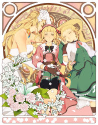 Rule 34 | 3girls, antiphona no seikahime, blonde hair, bow, bowtie, braid, braided bun, brooch, brown gloves, clara dorfer, dress, elbow gloves, closed eyes, flower, flower request, friends, gloves, green skirt, hair bun, hat, highres, holding hands, jewelry, lily (flower), lily dorfer, long hair, lying, miabell dorfer, multiple girls, musical note, necklace, parted lips, profile, short hair, siblings, silvis, single hair bun, sisters, skirt, skirt set, sleeves past wrists, star (symbol), strapless, strapless dress, very short hair, white dress, white gloves, yellow eyes