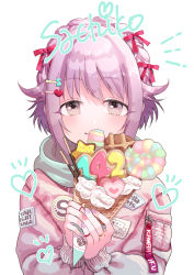 Rule 34 | 1girl, absurdres, braid, brown eyes, commentary request, crepe, food, hair flaps, hair ornament, hair ribbon, hairclip, highres, hood, hooded jacket, ice cream, ice cream cone, idolmaster, idolmaster cinderella girls, jacket, jewelry, koshimizu sachiko, light purple hair, looking at viewer, multicolored nails, nail art, nail polish, pastel colors, patch, ribbon, ring, short hair, snack, solo, upper body, waffle cone, white background