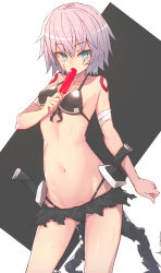 Rule 34 | 1girl, :d, bandaged arm, bandages, bikini, black bikini, breasts, cleavage, cleavage cutout, clothing cutout, cowboy shot, cropped arms, cropped torso, facial scar, fate/apocrypha, fate/grand order, fate (series), food, green eyes, highres, jack the ripper (fate/apocrypha), looking at viewer, navel, open mouth, popsicle, scar, scar across eye, scar on cheek, scar on face, short hair, shoulder tattoo, silver hair, small breasts, smile, solo, swimsuit, tattoo, tostos, upper body, wet