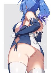 Rule 34 | 1girl, ahoge, argyle, argyle clothes, argyle cutout, ass, azur lane, back, bare shoulders, blue gloves, blue hair, border, breasts, clothing cutout, dress, elbow gloves, gloves, grey background, highres, large breasts, long hair, panties, ponytail, shirasu uni, sideboob, sidelocks, solo, st. louis (azur lane), taut clothes, taut dress, thighhighs, underwear, white border, white panties, white thighhighs