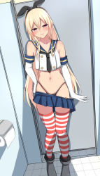 Rule 34 | 1boy, anchor hair ornament, baretto (karasi07), black hairband, black neckerchief, black panties, blonde hair, blue sailor collar, blue skirt, boots, commentary request, crop top, elbow gloves, full body, gloves, grey eyes, hair ornament, hairband, highleg, highleg panties, highres, kantai collection, long hair, looking at viewer, microskirt, miniskirt, neckerchief, panties, pleated skirt, sailor collar, shimakaze-kun, shimakaze (kancolle), skirt, solo, standing, striped clothes, striped thighhighs, thighhighs, toilet paper, toilet stall, trap, underwear, white gloves