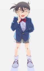 Rule 34 | 1boy, :d, ^ ^, arm behind back, blazer, bow, bowtie, brown hair, child, closed eyes, collared shirt, commentary request, edogawa conan, facing viewer, full body, glasses, grey background, grey shorts, hand up, happy, jacket, k (gear labo), long sleeves, male focus, meitantei conan, open mouth, red bow, red bowtie, shirt, shoes, short hair, shorts, simple background, smile, sneakers, socks, solo, standing, white shirt, white socks
