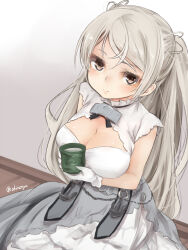 Rule 34 | 1girl, akino shuu, blush, breasts, brown eyes, cleavage, closed mouth, commentary request, conte di cavour (kancolle), conte di cavour nuovo (kancolle), cup, dress, gloves, green tea, grey hair, holding, holding cup, kantai collection, large breasts, layered dress, long hair, short sleeves, smile, solo, tea, twitter username, white dress, white gloves, yunomi