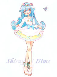 Rule 34 | 1girl, :d, bare legs, blue bow, blue eyes, blue hair, bow, bug, butterfly, character name, dress, dress bow, flipped hair, full body, happinesscharge precure!, insect, crossed legs, long hair, looking at viewer, nene (oneoneo13), open mouth, precure, shirayuki hime, shoes, simple background, skirt hold, smile, solo, standing, waist bow, white background, white dress, white footwear