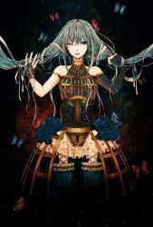 Rule 34 | 1girl, aqua eyes, aqua hair, bad id, bad pixiv id, black flower, black rose, bug, butterfly, cage, elbow gloves, fingerless gloves, flower, gloves, hatsune miku, insect, keyhole, lock, nail polish, necktie, one eye closed, rose, solo, thighhighs, tree, twintails, vocaloid, wink, yik