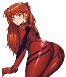 Rule 34 | 1girl, ass, ass focus, blue eyes, blush, bodysuit, curvy, from behind, hair over shoulder, huge ass, interface headset, kevbot, leaning forward, legs together, long hair, looking at viewer, looking back, neon genesis evangelion, orange hair, pantylines, plugsuit, red bodysuit, shiny clothes, shoulder pads, skin tight, solo, souryuu asuka langley, two side up, white background, wide hips