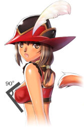 Rule 34 | 1girl, :o, adventurer (ff11), animal nose, breasts, brown eyes, brown hair, cat girl, cat tail, covered erect nipples, facial mark, fang, feathers, final fantasy, final fantasy xi, hair between eyes, hat, hat feather, long hair, low-tied long hair, medium breasts, mithra (ff11), open mouth, red mage (final fantasy), simple background, solo, tail, tail raised, taisai soft, upper body, whisker markings, white background, white feathers