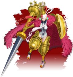 Rule 34 | 1girl, 3d, aircraft, airplane, alternate costume, armor, armored boots, bare shoulders, blade, boots, breasts, cape, crown, curvy, devil fruit, dress, feathers, female focus, fingernails, fortissimo, full body, fur trim, gauntlets, gloves, gold, hair ornament, hair over one eye, headphones, highleg, highleg leotard, holding, holding shield, jacket, jacket on shoulders, jet, jetpack, lance, large breasts, leotard, long hair, long sleeves, looking at viewer, multicolored hair, music, musical note, musical note hair ornament, official alternate costume, official art, one piece, one piece: pirate warriors, one piece: pirate warriors 4, ornament, pale skin, polearm, purple eyes, red hair, revealing clothes, shield, smile, solo, sword, thick thighs, thighs, transparent background, turtleneck, two-tone hair, upper body, uta (one piece), very long hair, weapon, white hair, white leotard, wide hips