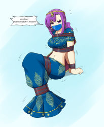Rule 34 | 1girl, absurdres, breasts, crop top, earrings, fate/grand order, fate (series), gag, gagged, highres, improvised gag, indian clothes, jewelry, large breasts, long hair, matou sakura, midriff, navel, parvati (fate), purple eyes, purple hair, solo, tape, tape gag