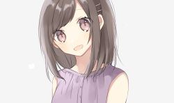 Rule 34 | 1girl, :d, bad id, bad pixiv id, bare shoulders, blush, brown eyes, brown hair, dress, grey background, hachimitsu honey, hair ornament, hairclip, heart, highres, long hair, looking at viewer, open mouth, original, purple dress, sidelocks, simple background, sleeveless, sleeveless dress, smile, solo, upper body