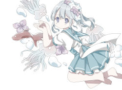 Rule 34 | 1girl, animal, barefoot, blue flower, blue sailor collar, blue skirt, blush, bow, closed mouth, commentary request, fish, flower, hair between eyes, hair flower, hair ornament, hamada pengin, hands up, high-waist skirt, highres, jellyfish, long hair, looking at viewer, looking to the side, original, pleated skirt, puffy short sleeves, puffy sleeves, purple eyes, purple flower, sailor collar, school uniform, serafuku, shirt, short sleeves, silver hair, simple background, skirt, soles, solo, white background, white bow, white shirt