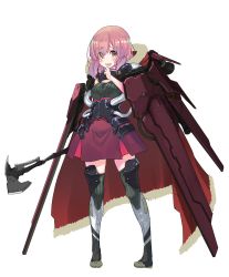 Rule 34 | 1girl, absurdres, asymmetrical bangs, axe, blush, brown skirt, full body, hand up, highres, holding, holding axe, little red riding hood (grimm), looking at viewer, mecha musume, oota youjo, open mouth, original, pink hair, red eyes, ribbed legwear, science fiction, simple background, skirt, solo, standing, tears, teeth, thighhighs, tomahawk, wavy hair, wavy mouth, white background, zettai ryouiki