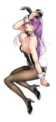 Rule 34 | 1girl, animal ears, bad id, bad twitter id, bare arms, bare shoulders, black footwear, black leotard, black pantyhose, breasts, cleavage, detached collar, fake animal ears, full body, hair over one eye, high heels, highres, leotard, long hair, looking at viewer, medium breasts, open mouth, pantyhose, playboy bunny, purple hair, rabbit ears, rabbit girl, rabbit tail, red eyes, shoes, sideboob, simple background, sketch, smile, solo, tail, tsukiriran, white background, wrist cuffs