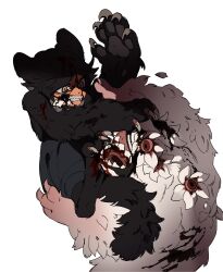 Rule 34 | 1boy, animal, animal ears, animal feet, animal hands, black fur, black hair, blood, blood on face, body fur, brown eyes, cat boy, cat ears, cat tail, claws, clenched teeth, commentary, deviidog0, digitigrade, english commentary, fighting, full body, highres, looking at another, male focus, monster, monster boy, original, pants, sharp teeth, short hair, simple background, solo, tail, teeth, topless male, white background